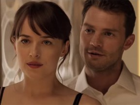 Dakota Johnson and Jamie Dornan are pictured in the 'Fifty Shades Darker' trailer.