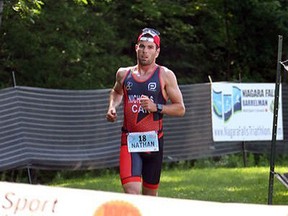 Nathan Nicholls on the run. The former St. Thomas athlete is competing this weekend in the world triathlon championships. He won a provincial title at the end of August.