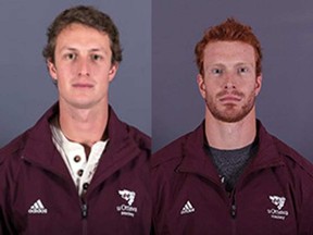 University of Ottawa hockey players Guillaume Donovan, left, and David Foucher will stand trial on charges of sexual assault in Thunder Bay in August, 2017. FILE PHOTO