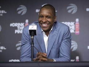 Toronto Raptors president Masai Ujiri attends an end-of-season news conference in Toronto on May 30, 2016. (THE CANADIAN PRESS/Chris Young)