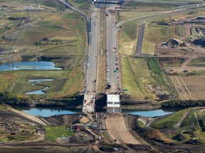 An aerial view of construction on Anthony Henday Dr. bridge crossing the North Saskatchewan River in north east Edmonton near 153 Ave. on September 10, 2015.