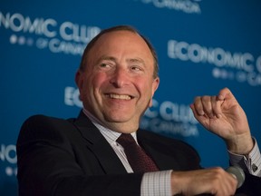 NHL Commisioner Gary Bettman enjoys a laugh during a panel put on by the Economic Club of Canada and hosted by the Fairmont Royal York hotel in Toronto on Sept. 16, 2016. (Peter J. Thompson/Postmedia)