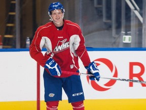 Edmonton Oil Kings defenceman Travis Verveda (left) laughs during a practice at Rogers Place in Edmonton, Alberta on Thursday, September 15, 2016. The team plays the Red Deer Rebels at Edmonton's new downtown arena on Sept. 24.