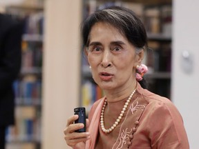 Myanmar leader Aung San Suu Kyi speaks to students of Roosevelt Senior High School in northwest Washington, Thursday, Sept. 15, 2016.