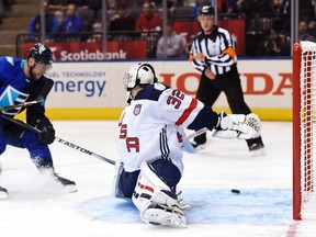 Team Europe's Marian Gaborik scores on Team USA's goalie Jonathan Quick during first period World Cup of Hockey action in Toronto on Saturday, Sept. 17, 2016. (Nathan Denette/The Canadian Press)