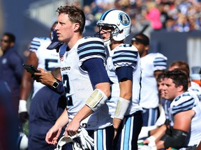 Toronto Argonauts QB Drew Willy watches his new team in action against his former team, the Winnipeg Blue Bombers, during CFL action in Winnipeg on Sat., Sept. 17, 2016. Kevin King/Winnipeg Sun/Postmedia Network