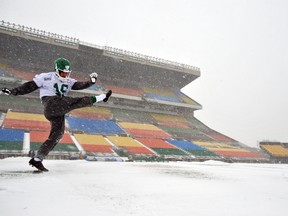 NOVEMBER 18, 2010 -- Saskatchewan Roughriders kicker Warren Kean (#16) during football practice at Mosaic Stadium in Regina on November 18, 2010.