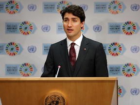 Prime Minister Justin Trudeau speaks at a news conference while attending the United Nations Signing Ceremony for the Paris Agreement climate change accord on April 22, 2016 in New York City. (Spencer Platt/Getty Images)