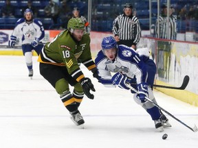 John Lappa/Sudbury Star
Alan Lyszczarczyk, right, of the Sudbury Wolves, skates around Mike Amadio, of the North Bay Battalion, during OHL action at Sudbury Community Arena on Nov. 13, 2015.