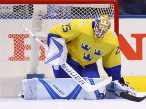 Sweden goaltender Jacob Markstrom makes one of his 27 saves against Russia during World Cup of Hockey action at the Air Canada Centre in Toronto on Sunday, Sept. 18, 2016. (Bruce Bennett/Getty Images)