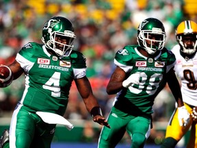 Saskatchewan Roughriders quarterback Darian Durant (4) runs the ball during first half CFL action against the Edmonton Eskimos, in Regina on Sunday, September 18, 2016.