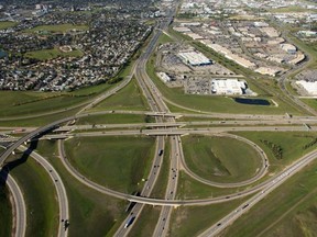 EDMONTON, ALTA: SEPTEMBER 10, 2015 -- An aerial view of Anthony Henday Dr. around 111 St. and Gateway Blvd. during rush hour traffic in Edmonton on September 10, 2015.