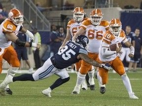 Argonauts' Ricky Foley (95) in action against the Lions in August. Foley took issue with a roughing the passer penalty on Blue Bombers quarterback Matt Nichols on Saturday. (Chris Young/The Canadian Press)