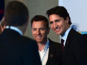 Prime Minister Justin Trudeau poses for a picture as he speaks with actor Ewan McGregor at a Global Compact Luncheon at the United Nations headquarters in New York on Monday, Sept. 19, 2016. THE CANADIAN PRESS/Sean Kilpatrick