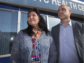 AIDS victim Danita Wahpoosewyan and Dr Stephen Sanche, pose for photo after news conference at STC Health Centre in Saskatoon about the emergency of AIDS in Saskatchewan, Monday, September 19, 2016. (GREG PENDER/STAR PHOENIX)