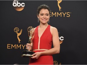 Tatiana Maslany winner of the award for outstanding lead actress in a drama series for “Orphan Black” poses in the press room at the 68th Primetime Emmy Awards on Sunday, Sept. 18, 2016, at the Microsoft Theater in Los Angeles. (Photo by Jordan Strauss/Invision/AP)