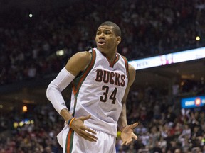 Giannis Antetokounmpo of the Milwaukee Bucks reacts to a foul call in the fourth quarter of game three during the first round of the 2015 NBA Playoffs April 23, 2015 at the Bradley Center. (Tom Lynn/Getty Images)