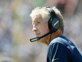 Head coach Pete Carroll of the Seattle Seahawks watches the game in the third quarter of a game against the Los Angeles Rams at Los Angeles Coliseum on Sept. 18, 2016. (Harry How/Getty Images)