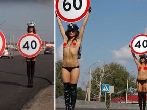 Topless women hold speed limit signs in Russia in these undated handout photos. (Handout/Postmedia Network)