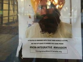 These racist, anti-immigration posters targeting men in turbans were posted around the University of Alberta campus in Edmonton on Monday, Sept. 19, 2016.