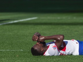 Jozy Altidore reacts after learning that the league removed TFC’s “clinched playoffs” designation from online standings. (THE CANADIAN PRESS)