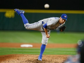 Starting pitcher Marco Estrada #25 of the Toronto Blue Jays gives up the first hit for the Seattle Mariners on this pitch to Robinson Cano in the seventh inning at Safeco Field on September 19, 2016 in Seattle, Washington. (Photo by Otto Greule Jr/Getty Images)