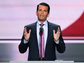 In this July 19, 2016, file photo, Donald Trump Jr., son of Republican presidential candidate Donald Trump, speaks at the Republican National Convention in Cleveland. The younger Trump posted a message on Twitter likening Syrian refugees to a bowl of poisoned Skittles. (AP Photo/J. Scott Applewhite, File)