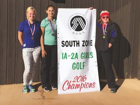 Grade 12 County Central High School students Jordan Tharle, left, Jalena Dumka, middle, and Grace Coffey with the 1A/2A South Zone girls’ golf banner.