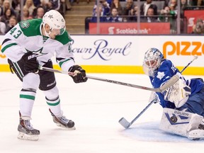 Toronto Maple Leafs goaltender James Reimer makes a save on a penalty shot by Dallas Stars right winger Valeri Nichushkin during a game on Nov. 2, 2015. (THE CANADIAN PRESS/Frank Gunn)