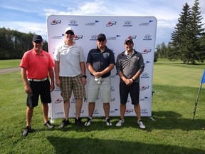 From left to right, Mike Stuckless, Chuck McSorley, Mike McSorley, Keith Jerram, are on their way to the Hyundai PGA of Canada Scramble competition in Niagara falls, along with Trevor Commet. Above, the group poses for a photo after emerging victorious at the regional qualifier in Whitecourt. (Whitecourt Golf and Country Club)