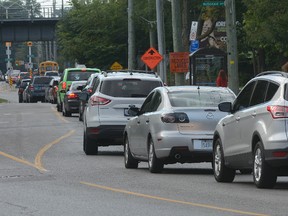 Traffic lined up on Western Road south towards the intersection at Oxford Street where construction reduced it to one lane on Tuesday September 20, 2016. (MORRIS LAMONT, The London Free Press)