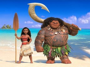 This image released by Discney shows characters Moana, voiced by Auli'i Cravalho, left, and Maui, voiced by Dwayne Johnson, from the upcoming animated film, "Moana." The film will be released in U.S. theaters on Nov. 23, 2016. (Disney via AP)