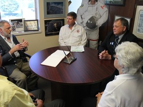 Mayor Mike Bradley speaks with National Leader of the Elks of Canada Denis Ellingboe (far right) and members of the Sarnia Elks Lodge 503, which celebrated its 50th anniversary this year.
CARL HNATYSHYN/SARNIA THIS WEEK