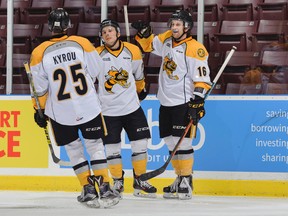 Sarnia Sting players Jordan Kyrou, Troy Lajeunesse and Jordan Ernst celebrate a goal against the London Knights during an exhibition game at Progressive Auto Sales Arena on Saturday, Sept. 3, 2016 in Sarnia, Ont. The Sting begin the 2016-17 regular season Wednesday night at home to London, the first of nine home games on Wednesday nights this season. (Metcalfe Photography)