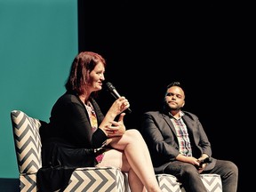 Emma Donoghue, screenwriter of the film Room, speaks with Ravi Srinivasan, executive director and founder of the South Western International Film Festival, during a special screening in August. The festival, and its workshops, return to Sarnia in November. (Handout/Sarnia Observer/Postmedia Network)