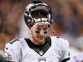 Carson Wentz of the Philadelphia Eagles watches action during a game against the Chicago Bears at Soldier Field on Sept. 19, 2016 in Chicago. (Stacy Revere/Getty Images)