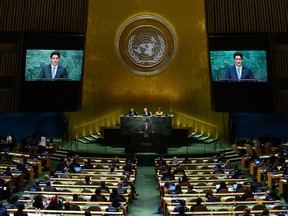 Prime Minister Justin Trudeau delivers a speech at the General Debate of the 71st Session of the UN General Assembly at the United Nations headquarters in New York on Tuesday, Sept. 20, 2016. THE CANADIAN PRESS/Sean Kilpatrick