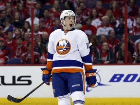 New York Islanders center Ryan Strome celebrates a goal against the Washington Capitals during the second period of Game 1 of a first-round NHL hockey Stanley Cup playoff series. (AP Photo/Alex Brandon)