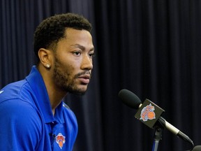 Derrick Rose speaks during a news conference for the New York Knicks to announce they acquired him from the Chicago Bulls at Madison Square Garden in New York. (AP Photo/Mary Altaffer, File)