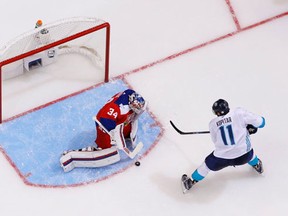 Anze Kopitar of Team Europe heads in for a penalty shot on Petr Mrazek of Team Czech Republic in the second period during the World Cup of Hockey at the Air Canada Center on September 19, 2016 in Toronto, Canada. (Gregory Shamus/Getty Images)
