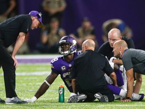 In this Sept. 18, 2016, file photo, Minnesota Vikings running back Adrian Peterson talks with head coach Mike Zimmer, left, after getting injured during the second half of an NFL football game against the Green Bay Packers, in Minneapolis. (AP Photo/Jim Mone, File)
