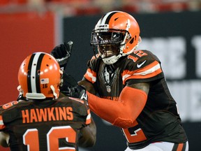 Cleveland Browns wide receiver Josh Gordon (right) celebrates with Andrew Hawkins after his touchdown against the Tampa Bay Buccaneers Friday, Aug. 26, 2016, in Tampa, Fla. (AP Photo/Jason Behnken)