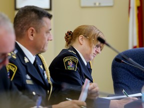 Emily Mountney-Lessard/The Intelligencer
Belleville Police Services Chief Cory MacKay makes a note on a report about crime statistics during the police services board meeting, on Wednesday in Belleville.