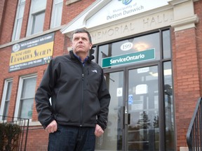 Mayor Cameron McWilliam on the front steps of the Dutton/Dunwich municipality offices in Dutton in this March 2016 file photo. The mayor learned at that time of plans to install a number of wind turbines on properties within his township.