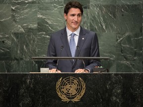 Prime Minister of Canada Justin Trudeau addresses the United Nations General Assembly at UN headquarters, September 20, 2016 in New York City. According to the UN Secretary-General Ban ki-Moon, the most pressing matter to be discussed at the General Assembly is the world's refugee crisis. (Photo by Drew Angerer/Getty Images)