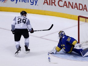 Nathan MacKinnon scores on Henrik Lundqvist in OT as Team North America defeats Sweden 4-3 in World Cup of Hockey in Toronto on Wednesday September 21, 2016. (Michael Peake/Postmedia Network)