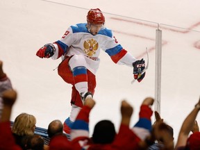 Evgeny Kuznetsov of Team Russia celebrates a second period goal while playing Team North America during the World Cup of Hockey at the Air Canada Center on September 19, 2016 in Toronto, Canada. (Photo by Gregory Shamus/Getty Images)