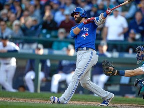 Jose Bautista of the Toronto Blue Jays hits a game-tying solo home run against the Seattle Mariners in the ninth inning at Safeco Field on September 21, 2016 in Seattle. (Otto Greule Jr/Getty Images)