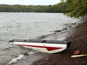 A pontoon from a plane that crashed on Fairbank Lake rests on the shore. John Lappa/The Sudbury Star/Postmedia Network