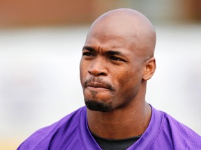 In this July 29, 2016, file photo, Minnesota Vikings running back Adrian Peterson is shown during the first day of the NFL teams training camp at Mankato State University in Mankato, Minn. (AP Photo/Andy Clayton-King, File)